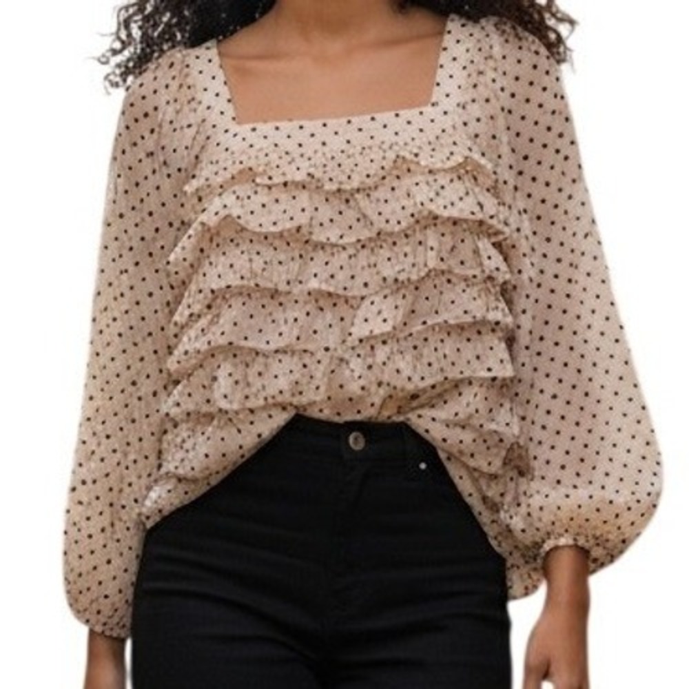DO+BE Polka Dot Ruffle Chiffon Square Neck Lantern Sleeve Blouse EUC Small